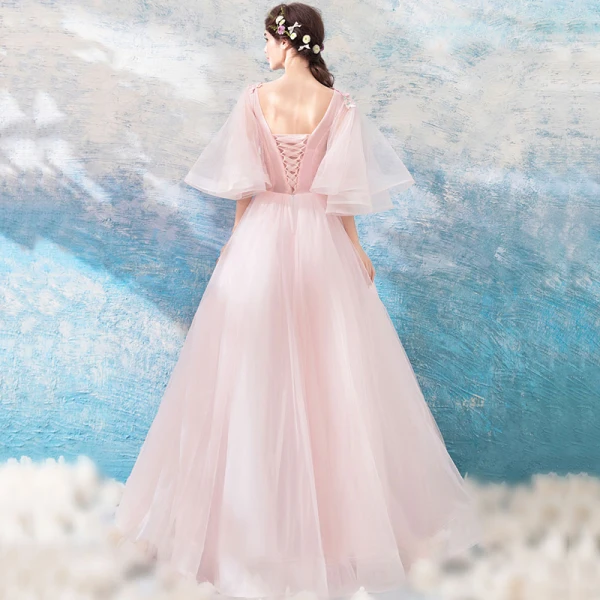 Flower Fairy Blushing Pink Prom Dresses 2019 A-Line / Princess V-Neck 3/4 Sleeve Appliques Lace Floor-Length / Long Ruffle Backless Formal Dresses