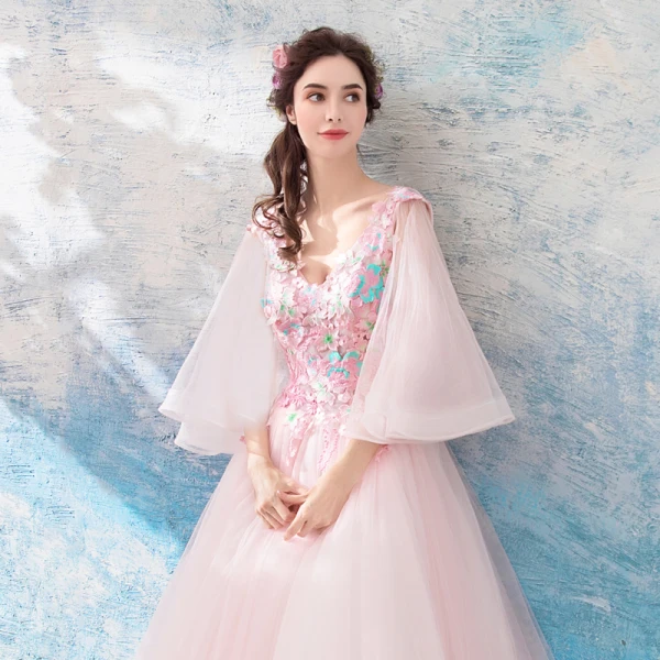 Flower Fairy Blushing Pink Prom Dresses 2019 A-Line / Princess V-Neck 3/4 Sleeve Appliques Lace Floor-Length / Long Ruffle Backless Formal Dresses