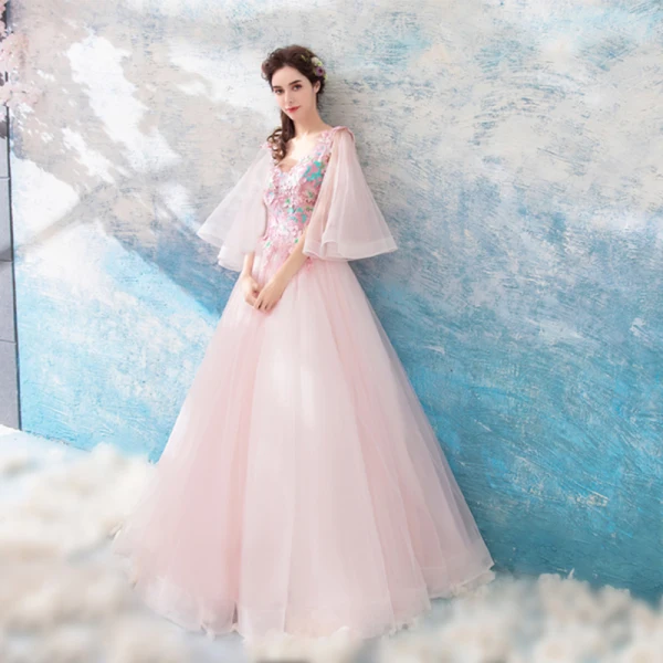 Flower Fairy Blushing Pink Prom Dresses 2019 A-Line / Princess V-Neck 3/4 Sleeve Appliques Lace Floor-Length / Long Ruffle Backless Formal Dresses