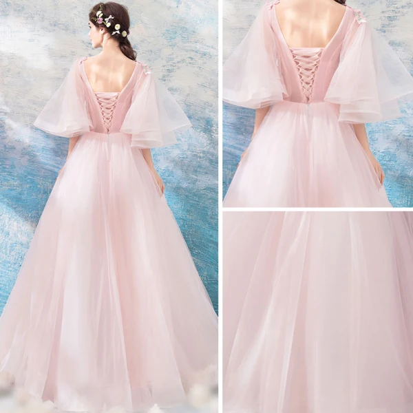 Flower Fairy Blushing Pink Prom Dresses 2019 A-Line / Princess V-Neck 3/4 Sleeve Appliques Lace Floor-Length / Long Ruffle Backless Formal Dresses