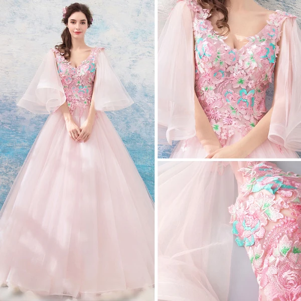 Flower Fairy Blushing Pink Prom Dresses 2019 A-Line / Princess V-Neck 3/4 Sleeve Appliques Lace Floor-Length / Long Ruffle Backless Formal Dresses