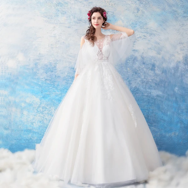 Illusion Ivory See-through Wedding Dresses 2019 Ball Gown Scoop Neck 3/4 Sleeve Backless Appliques Lace Floor-Length / Long Ruffle