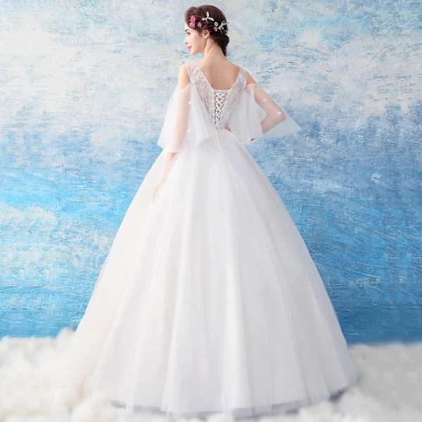 Illusion Ivory See-through Wedding Dresses 2019 Ball Gown Scoop Neck 3/4 Sleeve Backless Appliques Lace Floor-Length / Long Ruffle