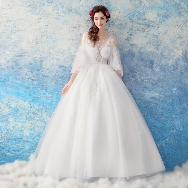 Illusion Ivory See-through Wedding Dresses 2019 Ball Gown Scoop Neck 3/4 Sleeve Backless Appliques Lace Floor-Length / Long Ruffle