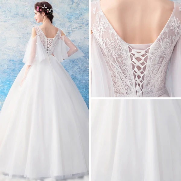 Illusion Ivory See-through Wedding Dresses 2019 Ball Gown Scoop Neck 3/4 Sleeve Backless Appliques Lace Floor-Length / Long Ruffle