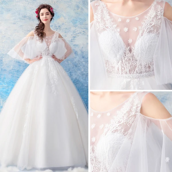 Illusion Ivory See-through Wedding Dresses 2019 Ball Gown Scoop Neck 3/4 Sleeve Backless Appliques Lace Floor-Length / Long Ruffle