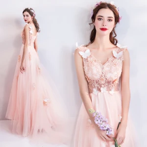 Romantique Perle Rose Robe De Soirée 2019 Princesse V Cou Sans Manches Papillon Appliques En Dentelle Perle Perlage Tribunal Train Volants Dos Nu Robe De Ceremonie