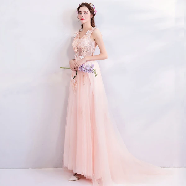 Romantic Pearl Pink Evening Dresses 2019 A-Line / Princess V-Neck Sleeveless Butterfly Appliques Lace Pearl Beading Court Train Ruffle Backless Formal Dresses