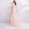 Romantic Pearl Pink Evening Dresses  2019 A-Line / Princess V-Neck Sleeveless Butterfly Appliques Lace Pearl Beading Court Train Ruffle Backless Formal Dresses