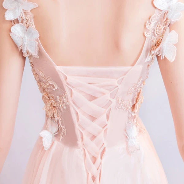 Romantic Pearl Pink Evening Dresses 2019 A-Line / Princess V-Neck Sleeveless Butterfly Appliques Lace Pearl Beading Court Train Ruffle Backless Formal Dresses