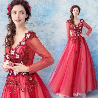 Romantique Bordeaux Robe De Bal 2019 Princesse V Cou Manches Longues Papillon Appliques En Dentelle Paillettes Longue Volants Dos Nu Robe De Ceremonie