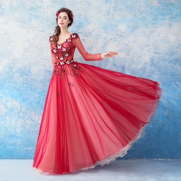 Romantic Burgundy Prom Dresses 2019 A-Line / Princess V-Neck Long Sleeve Butterfly Appliques Lace Sequins Floor-Length / Long Ruffle Backless Formal Dresses