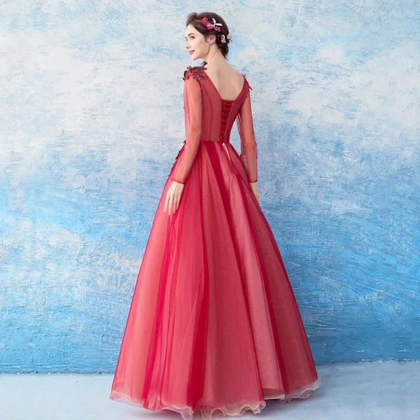 Romantic Burgundy Prom Dresses 2019 A-Line / Princess V-Neck Long Sleeve Butterfly Appliques Lace Sequins Floor-Length / Long Ruffle Backless Formal Dresses