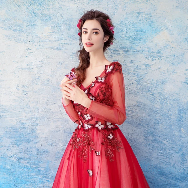 Romantic Burgundy Prom Dresses 2019 A-Line / Princess V-Neck Long Sleeve Butterfly Appliques Lace Sequins Floor-Length / Long Ruffle Backless Formal Dresses
