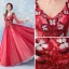 Romantic Burgundy Prom Dresses 2019 A-Line / Princess V-Neck Long Sleeve Butterfly Appliques Lace Sequins Floor-Length / Long Ruffle Backless Formal Dresses