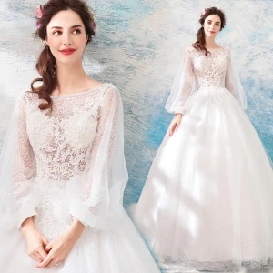 Erschwinglich Ivory Creme Durchsichtige Brautkleider Hochzeitskleider 2019 A Linie Eckiger Ausschnitt Geschwollenes Lange Ärmel Rückenfreies Applikationen Spitze Lange Rüschen