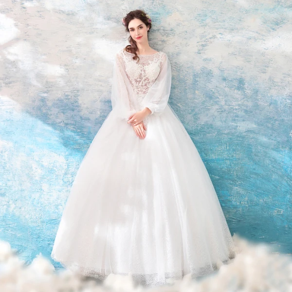 Affordable Ivory See-through Wedding Dresses 2019 A-Line / Princess Square Neckline Puffy Long Sleeve Backless Appliques Lace Floor-Length / Long Ruffle