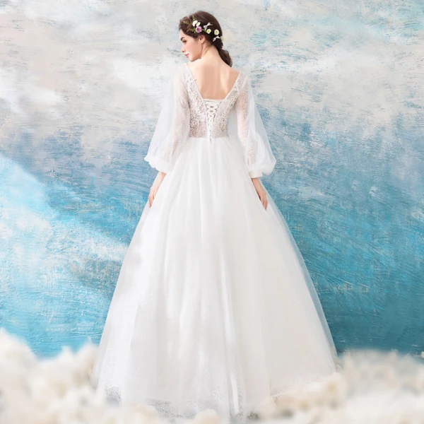 Affordable Ivory See-through Wedding Dresses 2019 A-Line / Princess Square Neckline Puffy Long Sleeve Backless Appliques Lace Floor-Length / Long Ruffle