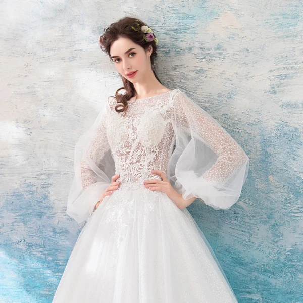 Affordable Ivory See-through Wedding Dresses 2019 A-Line / Princess Square Neckline Puffy Long Sleeve Backless Appliques Lace Floor-Length / Long Ruffle