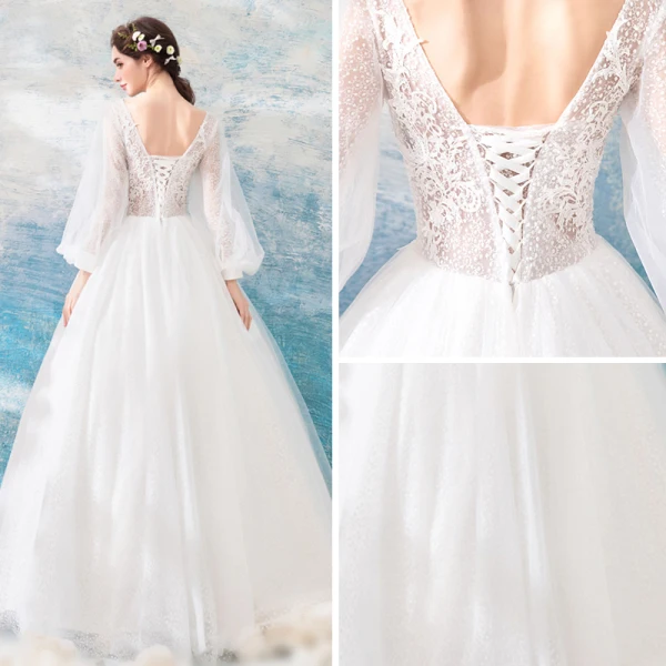 Affordable Ivory See-through Wedding Dresses 2019 A-Line / Princess Square Neckline Puffy Long Sleeve Backless Appliques Lace Floor-Length / Long Ruffle