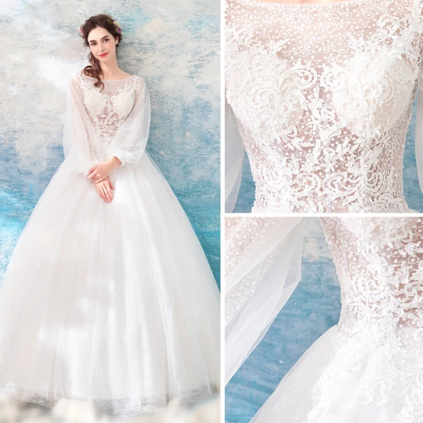 Affordable Ivory See-through Wedding Dresses 2019 A-Line / Princess Square Neckline Puffy Long Sleeve Backless Appliques Lace Floor-Length / Long Ruffle
