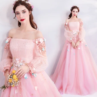 Flower Fairy Candy Pink Prom Dresses 2019 A Line Princess Off The Shoulder Puffy Long Sleeve Appliques Flower Beading Rhinestone Floor Length Long Ruffle Backless