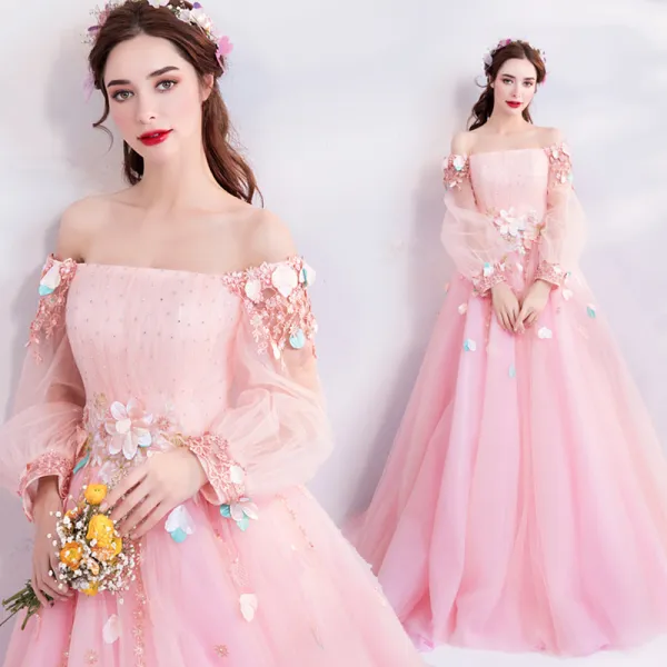 Flower Fairy Candy Pink Prom Dresses 2019 A-Line / Princess Off-The-Shoulder Puffy Long Sleeve Appliques Flower Beading Rhinestone Floor-Length / Long Ruffle Backless