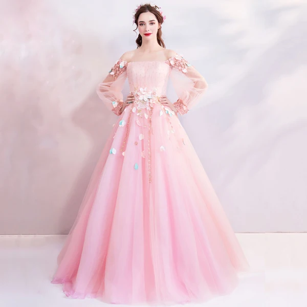 Flower Fairy Candy Pink Prom Dresses 2019 A-Line / Princess Off-The-Shoulder Puffy Long Sleeve Appliques Flower Beading Rhinestone Floor-Length / Long Ruffle Backless