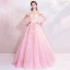 Flower Fairy Candy Pink Prom Dresses 2019 A-Line / Princess Off-The-Shoulder Puffy Long Sleeve Appliques Flower Beading Rhinestone Floor-Length / Long Ruffle Backless