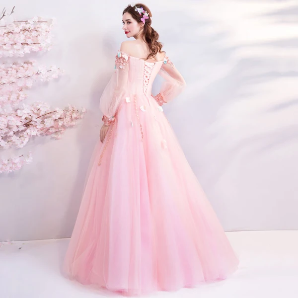 Flower Fairy Candy Pink Prom Dresses 2019 A-Line / Princess Off-The-Shoulder Puffy Long Sleeve Appliques Flower Beading Rhinestone Floor-Length / Long Ruffle Backless