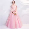Flower Fairy Candy Pink Prom Dresses 2019 A-Line / Princess Off-The-Shoulder Puffy Long Sleeve Appliques Flower Beading Rhinestone Floor-Length / Long Ruffle Backless