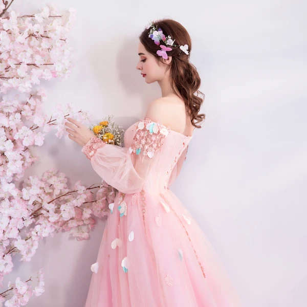Flower Fairy Candy Pink Prom Dresses 2019 A-Line / Princess Off-The-Shoulder Puffy Long Sleeve Appliques Flower Beading Rhinestone Floor-Length / Long Ruffle Backless