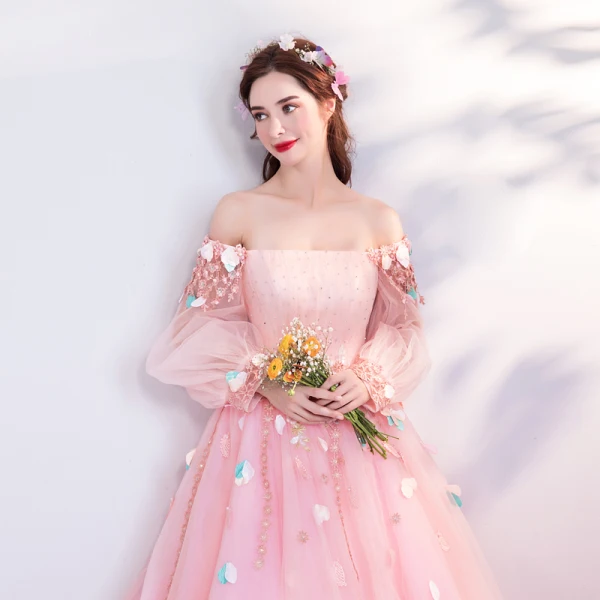 Flower Fairy Candy Pink Prom Dresses 2019 A-Line / Princess Off-The-Shoulder Puffy Long Sleeve Appliques Flower Beading Rhinestone Floor-Length / Long Ruffle Backless