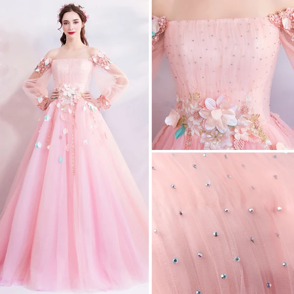Flower Fairy Candy Pink Prom Dresses 2019 A-Line / Princess Off-The-Shoulder Puffy Long Sleeve Appliques Flower Beading Rhinestone Floor-Length / Long Ruffle Backless