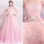 Flower Fairy Candy Pink Prom Dresses 2019 A-Line / Princess Off-The-Shoulder Puffy Long Sleeve Appliques Flower Beading Rhinestone Floor-Length / Long Ruffle Backless