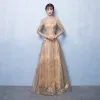Sparkly Gold Evening Dresses  2017 A-Line / Princess V-Neck 3/4 Sleeve Glitter Sequins Sash Floor-Length / Long Backless Formal Dresses