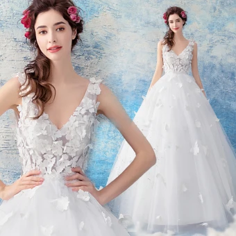 Remise Blanche Robe De Mariée 2019 Princesse V Cou Sans Manches Dos Nu Papillon Appliques En Dentelle Longue Volants Bretelles Croisées