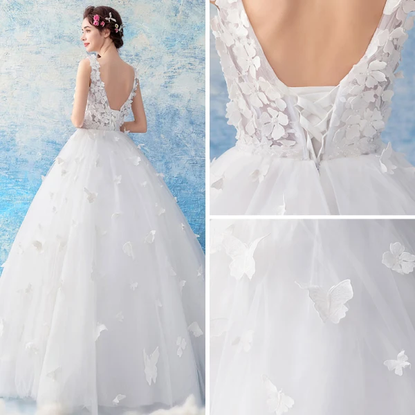 Remise Blanche Robe De Mariée 2019 Princesse V-Cou Sans Manches Dos Nu Papillon Appliques En Dentelle Longue Volants Bretelles croisées