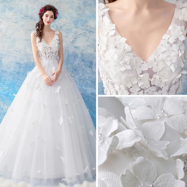 Remise Blanche Robe De Mariée 2019 Princesse V-Cou Sans Manches Dos Nu Papillon Appliques En Dentelle Longue Volants Bretelles croisées