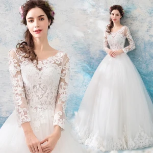 Abordable Ivoire Percé Robe De Mariée 2019 Robe Boule Encolure Dégagée Manches Longues Dos Nu Appliques En Dentelle Perlage Perle Longue Volants