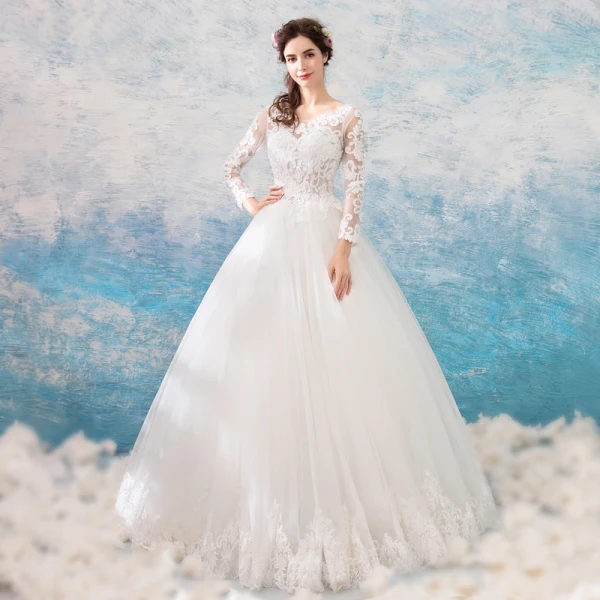 Erschwinglich Ivory / Creme Durchbohrt Brautkleider / Hochzeitskleider 2019 Ballkleid Rundhalsausschnitt Lange Ärmel Rückenfreies Applikationen Spitze Perlenstickerei Perle Lange Rüschen