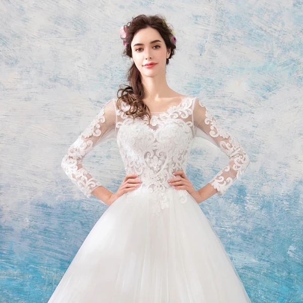 Erschwinglich Ivory / Creme Durchbohrt Brautkleider / Hochzeitskleider 2019 Ballkleid Rundhalsausschnitt Lange Ärmel Rückenfreies Applikationen Spitze Perlenstickerei Perle Lange Rüschen