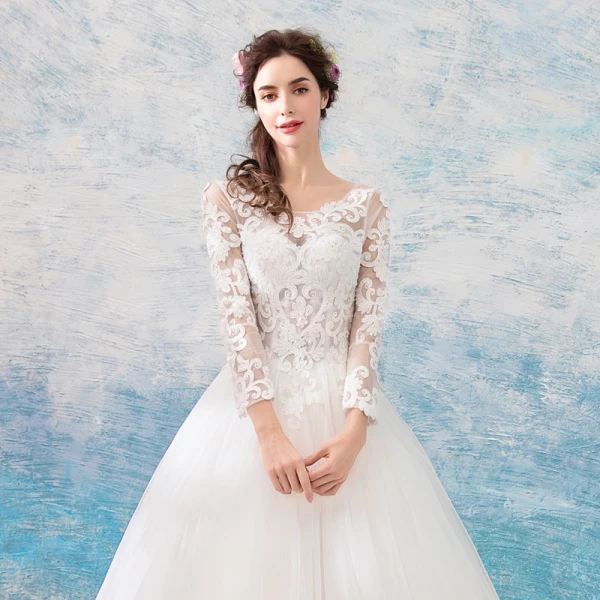 Erschwinglich Ivory / Creme Durchbohrt Brautkleider / Hochzeitskleider 2019 Ballkleid Rundhalsausschnitt Lange Ärmel Rückenfreies Applikationen Spitze Perlenstickerei Perle Lange Rüschen
