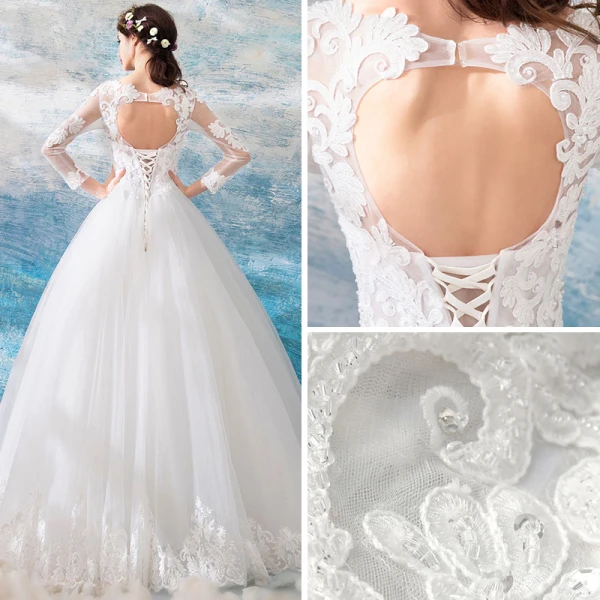 Erschwinglich Ivory / Creme Durchbohrt Brautkleider / Hochzeitskleider 2019 Ballkleid Rundhalsausschnitt Lange Ärmel Rückenfreies Applikationen Spitze Perlenstickerei Perle Lange Rüschen