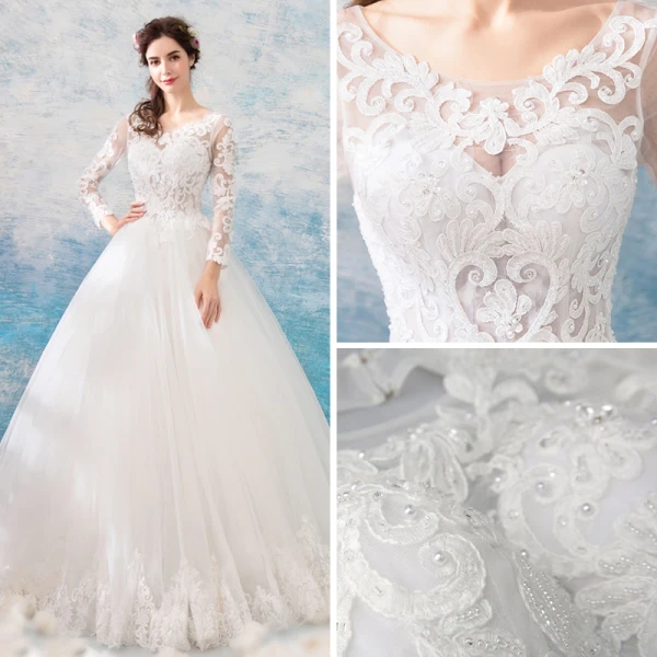 Erschwinglich Ivory / Creme Durchbohrt Brautkleider / Hochzeitskleider 2019 Ballkleid Rundhalsausschnitt Lange Ärmel Rückenfreies Applikationen Spitze Perlenstickerei Perle Lange Rüschen