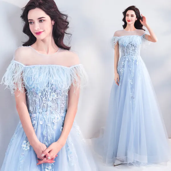 Modern / Fashion Sky Blue See-through Evening Dresses  2019 A-Line / Princess Scoop Neck Short Sleeve Appliques Flower Pearl Beading Feather Sweep Train Ruffle Backless Formal Dresses