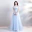 Modern / Fashion Sky Blue See-through Evening Dresses  2019 A-Line / Princess Scoop Neck Short Sleeve Appliques Flower Pearl Beading Feather Sweep Train Ruffle Backless Formal Dresses