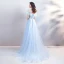 Modern / Fashion Sky Blue See-through Evening Dresses  2019 A-Line / Princess Scoop Neck Short Sleeve Appliques Flower Pearl Beading Feather Sweep Train Ruffle Backless Formal Dresses