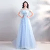 Modern / Fashion Sky Blue See-through Evening Dresses  2019 A-Line / Princess Scoop Neck Short Sleeve Appliques Flower Pearl Beading Feather Sweep Train Ruffle Backless Formal Dresses