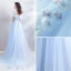 Modern / Fashion Sky Blue See-through Evening Dresses  2019 A-Line / Princess Scoop Neck Short Sleeve Appliques Flower Pearl Beading Feather Sweep Train Ruffle Backless Formal Dresses
